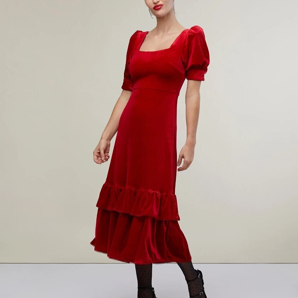 Rachel Parcell Puff Sleeve Peplum Skirt Midi Dress Cherry Red